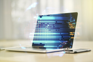 Multi exposure of abstract programming language hologram with world map on computer background, artificial intelligence and neural networks concept