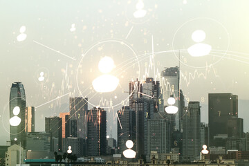 Double exposure of abstract virtual social network icons on Los Angeles city skyscrapers background. Marketing and promotion concept