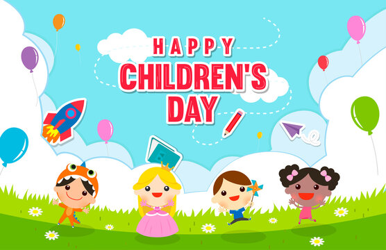 Happy Children's day card vector illustration. Group of kids in the park