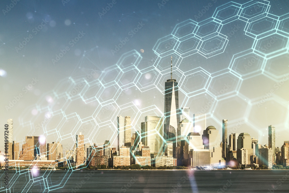 Poster double exposure of abstract virtual technology hologram with hexagon on new york city skyscrapers ba