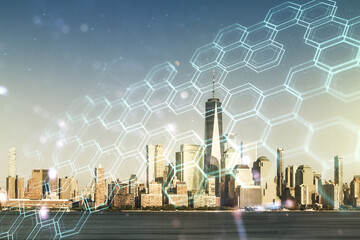 Double exposure of abstract virtual technology hologram with hexagon on New York city skyscrapers...
