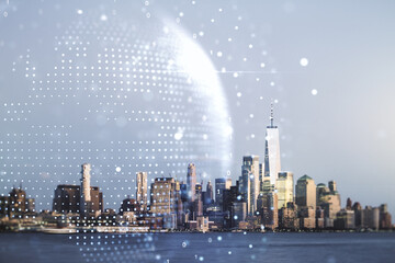 Fototapeta premium Abstract creative world map interface on New York city skyline background, international trading concept. Multiexposure
