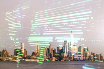 Multi exposure of abstract graphic world map on Manhattan cityscape background, big data and networking concept