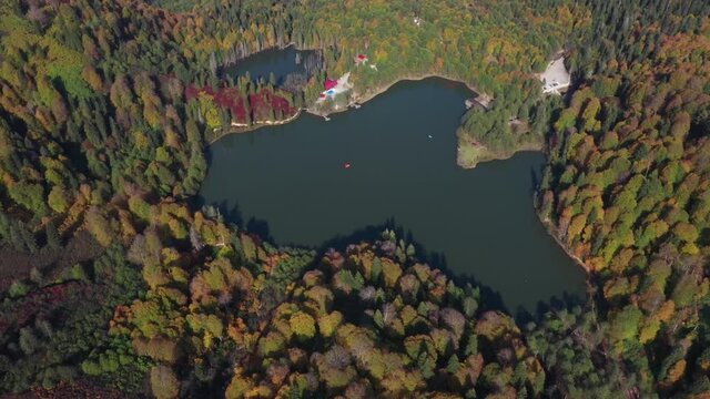 A drone view of the lake and green nature which is fascinating. As additional information, the name of this lake is Karagol and it is located in Artvin/Turkey
