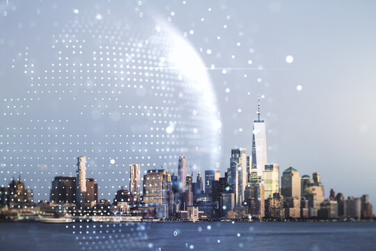 Abstract creative world map interface on New York city skyline background, international trading concept. Multiexposure
