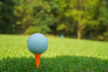 Golf ball on tee in the evening golf course with sunshine background.
