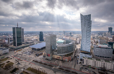 WARSAW, POLAND. Aerial view with Zlote tarasy, Zlota 44 skyscraper, Warsaw Towers, InterContinental Hotel, Warsaw Financial Center - skyscrapers panorama from The Palace of Culture