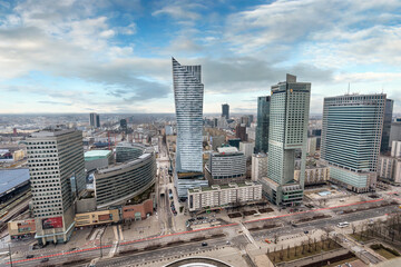WARSAW, POLAND. Aerial view with Zlote tarasy, Zlota 44 skyscraper, Warsaw Towers, InterContinental Hotel, Warsaw Financial Center - skyscrapers panorama from The Palace of Culture - obrazy, fototapety, plakaty