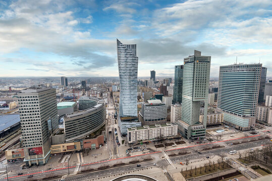 WARSAW, POLAND. Aerial view with Zlote tarasy, Zlota 44 skyscraper, Warsaw Towers, InterContinental Hotel, Warsaw Financial Center - skyscrapers panorama from The Palace of Culture © mitzo_bs