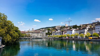 Blue sky and riverside street in Zurich, Swiss