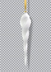 Realistic white Christmas tree toy in the form of a icicle, spiral. 3D Illustration object for christmas design, mockup. Vector isolated on a transparent background