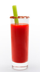 Classic brunch drink, hangover remedy and vodka based mixed drinks concept with bloody Mary cocktail in tall cylindrical glass and a celery stick isolated on white background with clipping path cutout