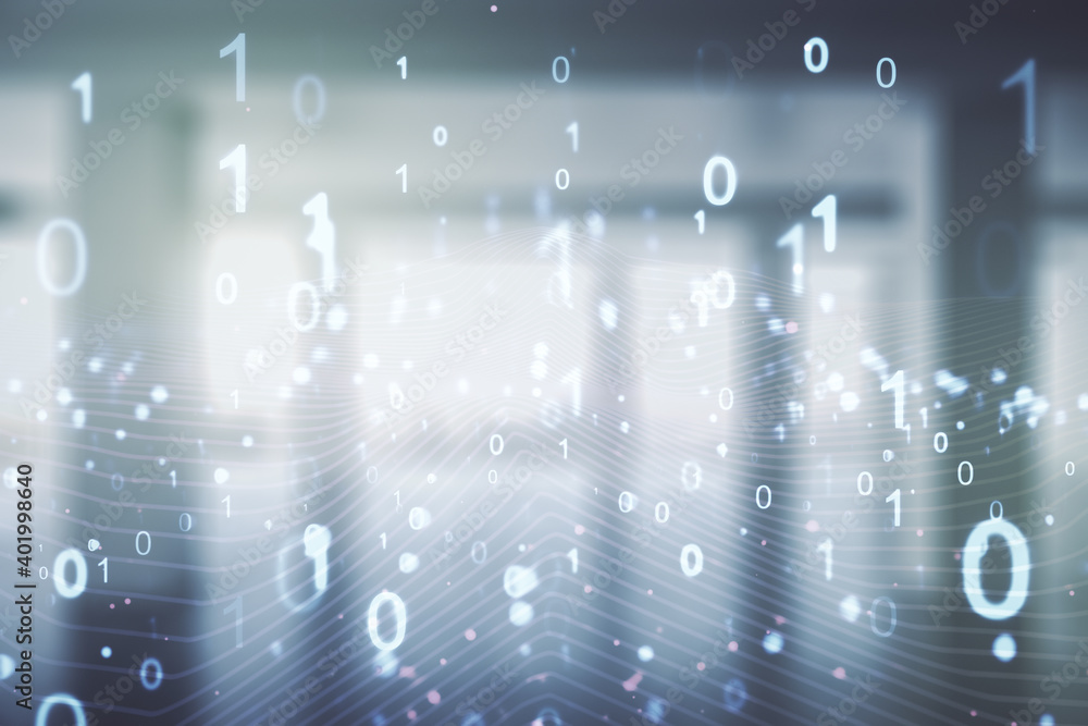 Poster abstract virtual binary code illustration on empty corporate office background. big data and coding 