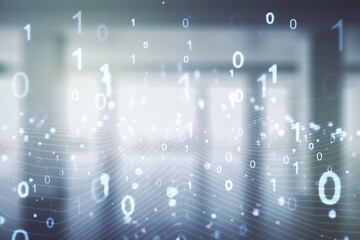 Fototapeta premium Abstract virtual binary code illustration on empty corporate office background. Big data and coding concept. Multiexposure