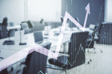 Double exposure of abstract creative financial chart and upward arrow illustration on modern corporate office background, research and strategy concept
