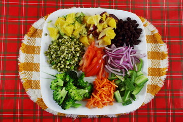 fresh cut various mix vegetable for salad or cooking, top view