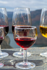 Tasting of Portuguese fortified port wine, produced in Douro Valley with Douro river and colorful terraced vineyards on background in autumn, Portugal