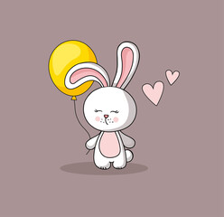 Little hare with yellow balloon. Vector hand draw illustration