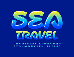 Vector creative emblem Sea Travel. Artistic glossy Alphabet Letters and Numbers set. Gradient color Font