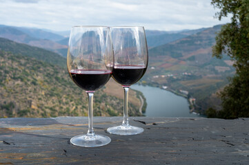 Tasting of Portuguese red dry wine, produced in Douro Valley and Douro river and terraced vineyards on background in autumn, Portugal