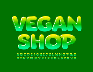 Vector modern logo Vegan Shop. Creative glossy Font. Gradient color Alphabet Letters and Numbers set
