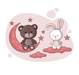 Teddy bear and rabbit toys with moon and clouds. Vector hand drawn illustration