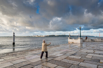 early morning on The Pier of Columns in Lisbon, Portugal