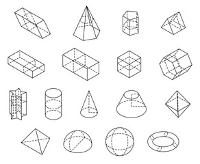 Set of isometric 3D shapes. Black outline vector illustration. The science of geometry and math. Linear geometric objects isolated on white background.