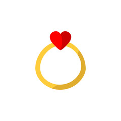 A ring with a heart. Design element for Valentine's Day. Flat illustration with red heart and gold ring