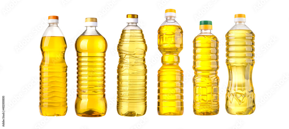 Poster vegetable or sunflower oil in plastic bottle