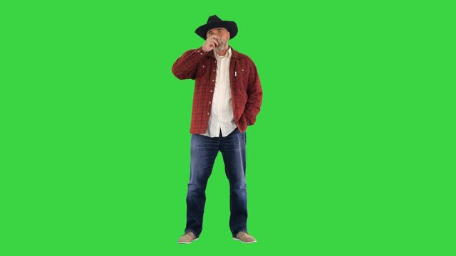 Bearded man in cowboy hat drinking expensive whisky on a Green Screen, Chroma Key.