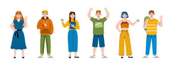 Positive people gesturing ok signs. A characters expression happy emotions, approval and agreement using ok, victory and thumb up hand gestures. Set of vector isolated illustrations
