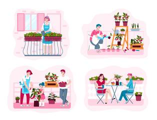 Urban farming or gardening concept. People watering flowers, care for green potted plants or sit the table and resting in home garden on city balcony. Vector isolated illustrations