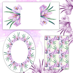 set of spring cards with watercolor crocuses