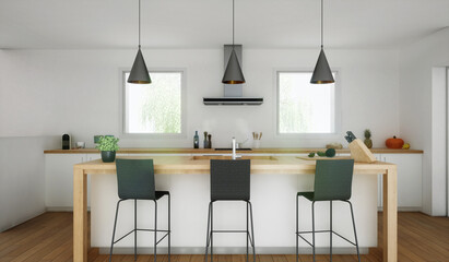 cuisine avec trois tabouret de bar noir _ vue 3d