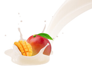 Obraz na płótnie Canvas Falling mango is splashing into milk