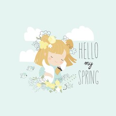 Cute girl hugging swan in blossom plants