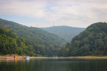 Looking at the surface of a large and beautiful mountain lake
