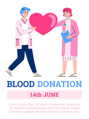 Blood donation banner or poster design for World blood donor day, flat cartoon vector illustration. Volunteer donating his blood for medical transfusion bank.