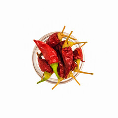 Dry red hot pepper in a glass bowl, isolated on a white background
