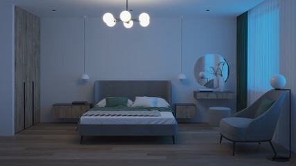 Modern bedroom interior. Night. Evening lighting. 3D rendering.