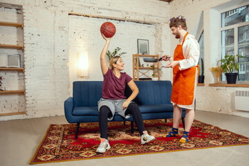 Gender stereotypes. Wife and husband doing things unusual for their genders in social meanings,...