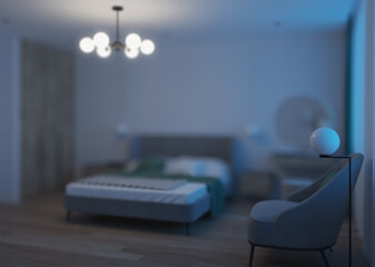 Modern bedroom interior. Night. Evening lighting. 3D rendering.