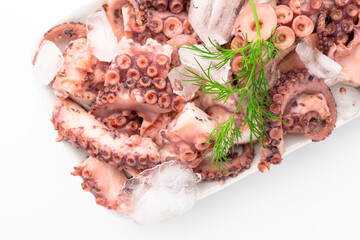 octopus boiled on white tray with dill