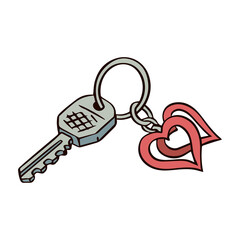 Bunch of keys with a heart shaped keychain. Hand drawn object. Vector isolated illustration on white background.