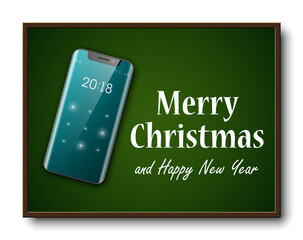 Greeting card Merry Christmas and Happy New Year holiday cellular telephone banner. Festive card congratulation Christmas holiday new model mobile phone, smartphone icon on school board, communicator