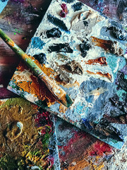 Art tools in artist studio, paint brushes and oil palette, creative hobby and artistic workspace...