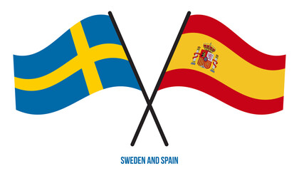 Sweden and Spain Flags Crossed And Waving Flat Style. Official Proportion. Correct Colors.