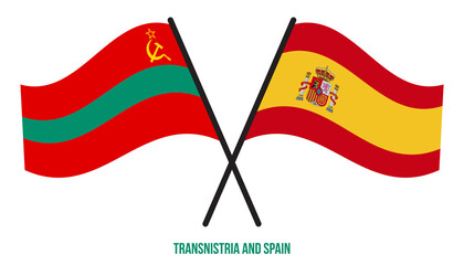 Transnistria and Spain Flags Crossed And Waving Flat Style. Official Proportion. Correct Colors.