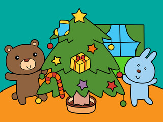 Bear and rabbit in Christmas Day ready for party